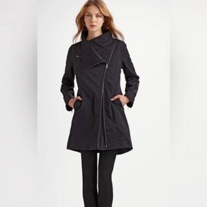 Eileen Fisher Black Coat Stylish Asymmetrical lined Two Way Zip